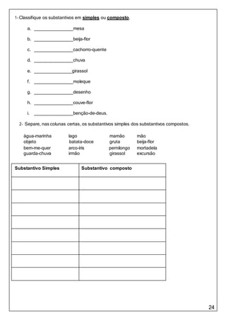 24
1- Classifique os substantivos em simples ou composto.
a. mesa
b. beija-flor
c. cachorro-quente
d. chuva
e. girassol
f. moleque
g. desenho
h. couve-flor
i. benção-de-deus.
2- Separe, nas colunas certas, os substantivos simples dos substantivos compostos.
água-marinha lago mamão mão
objeto batata-doce gruta beija-flor
bem-me-quer arco-íris pernilongo mortadela
guarda-chuva irmão girassol excursão
Substantivo Simples Substantivo composto
 