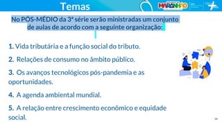 14
No PÓS-MÉDIO da 3ª série serão ministradas um conjunto
de aulas de acordo com a seguinte organização:
1. Vida tributária e a função social do tributo.
2. Relações de consumo no âmbito público.
3. Os avanços tecnológicos pós-pandemia e as
oportunidades.
4. A agenda ambiental mundial.
5. A relação entre crescimento econômico e equidade
social.
Temas
 
