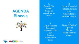 4
AGENDA
Bloco 4
1.
O que é Pós-
Médio?
Como se
organizam as
aulas?
2.
O que é Tutoria?
Relação: Tutoria
e PV.
Atividades do
professor tutor.
3.
O que é Estudo
Orientado?
Importância do
EO.
Como se
organizam as
aulas?
4.
O que é Eletiva?
Tipos de
Eletiva.
Planejamento:
etapas
 