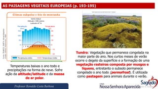 Professor Ronaldo Costa Barbosa
AS PAISAGENS VEGETAIS EUROPEIAS (p. 193-195)
Temperaturas baixas o ano todo e
precipitações na forma de neve. Sofre
ação da altitude/latitude e da massa
de ar polar.
Tundra: Vegetação que permanece congelada na
maior parte do ano. Nos curtos meses de verão
ocorre o degelo da superfície e a formação de uma
vegetação rasteiras composta por musgos e
líquens, entretanto o subsolo permanece
congelado o ano todo (permafrost). É utilizada
como pastagem para animais durante o verão.
 