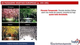 Professor Ronaldo Costa Barbosa
AS PAISAGENS VEGETAIS EUROPEIAS (p. 193-195)
Floresta Temperada: Floresta decídua (folhas
caem nos meses de outono), encontra-se hoje
quase toda devastada.
 