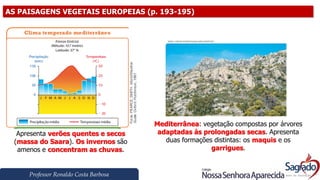 Professor Ronaldo Costa Barbosa
AS PAISAGENS VEGETAIS EUROPEIAS (p. 193-195)
Apresenta verões quentes e secos
(massa do Saara). Os invernos são
amenos e concentram as chuvas.
Mediterrânea: vegetação compostas por árvores
adaptadas às prolongadas secas. Apresenta
duas formações distintas: os maquis e os
garrigues.
 