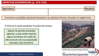 Professor Ronaldo Costa Barbosa
ASPECTOS ECONÔMICOS (p. 274-279)
Encontram condições bastante favoráveis nas planícies fluviais situadas na região leste.
Agricultura Pecuária
A China é o maior produtor mundial de cereais.
Apesar da grande produção
agrícola, o país ainda importa
alguns produtos em razão do
alto consumo de sua população.
Exemplo: Soja brasileira.
 