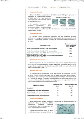 :: Super Bloco ::                                                         http://www.superbloco.com.br/main/bloco_sical.php



                      Bloco de Alvenaria Sical      O Produto     Propriedades        Vantagens e Benefícios



                          Isolamento Térmico

                          O Concreto Celular Autoclavado na densidade seca de 430 kg/m³ apresenta um
                      coeficiente de condutibilidade térmica
                      de 0,083 kcal/hmºC, o que possibilita
                      executar paredes com excelentes índices
                      de isolamento térmico.

                          As    paredes   construídas  com
                      materiais      convencionais,    para
                      apresentarem índices compatíveis com
                      as paredes SICAL executadas com 10cm de espessura, por exemplo, deverão Ter
                      espessuras bem maiores.

                          Isolamento Acústico

                           O Concreto Celular Autoclavado proporciona um bom isolamento acústico,
                      suficiente para assegurar condições de conforto ao usuário. Uma parede de 10 cm de
                      espessura e não revestida apresenta um Índice de isolamento contra sons aéreos (AI)
                      de 37 dB.

                                                                                                  Índice de isolamento
                                                 Descrição da Parede                               contra sons aéreos
                                                                                                    (Ia) - ISO/R 717
                    Parede não revestida de bloco Sical - BA: espessura 10cm                               37dB

                    Parede não revestida de Bloco Sical - BA: espessura 15cm                               38dB
                     Parede dupla com Bloco Sical - BA de 10cm de espessura separados
                                                                                                           55dB
                    de 5cm por camada de ar e lã de vidro
                     Parede dupla com Bloco Sical - BA de 15cm de espessura, separados
                                                                                                          57 dB
                    de 5cm por camada de ar e lã de vidro

                          Estabilidade Dimensional

                          Devido ao processo de cura em autoclave, esse produto adquire uma natureza
                      microcristalina que proporciona uma elevada estabilidade dimensional. A retração por
                      secagem desde o estado natural até o estado seco é de 0,103 rnm/m e o coeficiente de
                      dilatação térmica é de 3,8x10–6 /ºC.

                          Resistência ao Fogo

                          O Concreto Celular Autoclavado é um dos produtos da construção civil que
                      apresenta melhor resistência ao fogo. Pode ser usado em alvenaria de vedação e
                      autoportante, bem como lajes nervuradas e paredes contra fogo. Conforme laudo do
                      IPT - Instituto de Pesquisa Tecnológica, uma parede de concreto celular com 15 cm de
                      espessura resistiu por 6 horas até entrar em colapso, enquanto as paredes construídas
                      com outros materiais não resistiram mais de 2 horas.

                                                                        Espessura Total           Resistência ao Fogo
                                  Paredes Ensaiadas
                                                                             (cm)                        (hora)
                    Bloco Sical                                                  15                        6:00
                    Tijolo maciço de barro (sem revestimento)                    10                        1:30
                    Tijolo maciço de barro (com revestimento)                    13                        2:00
                    Tijolo vazado concreto (sem revestimento)                    14                        1:30

                          Estanqueidade à Água

                          A estrutura celular fechada torna lenta a penetração da água no produto. Em
                      decorrência disso, o Concreto Celular
                      Autoclavado       apresenta      excelente
                      estanqueidade à água em comparação com
                      outros componentes de alvenaria.

                          Testes feitos segundo norma BS 4315-
                      Parte 2, demonstram que após 48 horas as




3 de 5                                                                                                            18/11/2011 10:29
 