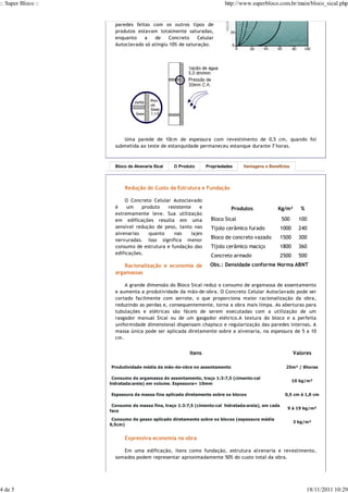 :: Super Bloco ::                                                      http://www.superbloco.com.br/main/bloco_sical.php


                      paredes feitas com os outros tipos de
                      produtos estavam totalmente saturadas,
                      enquanto    a   de     Concreto    Celular
                      Autoclavado só atingiu 10% de saturação.




                         Uma parede de 10cm de espessura com revestimento de 0,5 cm, quando foi
                      submetida ao teste de estanquidade permaneceu estanque durante 7 horas.



                      Bloco de Alvenaria Sical   O Produto     Propriedades    Vantagens e Benefícios




                          Redução do Custo da Estrutura e Fundação

                          O Concreto Celular Autoclavado
                      é    um    produto   resistente     e               Produtos             Kg/m³         %
                      extremamente leve. Sua utilização
                      em edificações resulta em uma              Bloco Sical                       500      100
                      sensível redução de peso, tanto nas        Tijolo cerâmico furado            1000     240
                      alvenarias    quanto    nas     lajes
                      nervuradas. Isso significa menor
                                                                 Bloco de concreto vazado          1500     300
                      consumo de estrutura e fundação das        Tijolo cerâmico maciço            1800     360
                      edificações.
                                                                 Concreto armado                   2500     500
                          Racionalização e economia de          Obs.: Densidade conforme Norma ABNT
                      argamassas

                          A grande dimensão do Bloco Sical reduz o consumo de argamassa de assentamento
                      e aumenta a produtividade da mão-de-obra. O Concreto Celular Autoclavado pode ser
                      cortado facilmente com serrote, o que proporciona maior racionalização da obra,
                      reduzindo as perdas e, consequentemente, torna a obra mais limpa. As aberturas para
                      tubulações e elétricas são fáceis de serem executadas com a utilização de um
                      rasgador manual Sical ou de um gasgador elétrico.A textura do bloco e a perfeita
                      uniformidade dimensional dispensam chapisco e regularização das paredes internas. A
                      massa única pode ser aplicada diretamente sobre a alvenaria, na espessura de 5 a 10
                      cm.


                                                       Itens                                              Valores

                    Produtividade média da mão-de-obra no assentamento                               25m² / 8horas

                     Consumo de argamassa de assentamento, traço 1:3:7,5 (cimento:cal
                                                                                                          10 kg/m²
                    hidratada:areia) em volume. Espessura= 10mm

                    Espessura da massa fina aplicada diretamente sobre os blocos                    0,5 cm à 1,0 cm

                     Consumo de massa fina, traço 1:3:7,5 (cimento:cal hidratada:areia), em cada
                                                                                                     9 à 19 kg/m²
                    face
                     Consumo de gesso aplicado diretamente sobre os blocos (espessura média
                                                                                                          3 kg/m²
                    0,5cm)


                          Expressiva economia na obra

                         Em uma edificação, ítens como fundação, estrutura alvenaria e revestimento,
                      somados podem representar aproximadamente 50% do custo total da obra.




4 de 5                                                                                                           18/11/2011 10:29
 