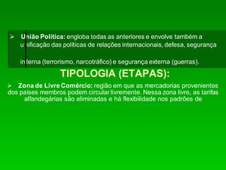 TIPOLOGIA (ETAPAS):
Zona de Livre Comércio: região em que as mercadorias provenientes
dos países membros podem circular livremente. Nessa zona livre, as tarifas
alfandegárias são eliminadas e há flexibilidade nos padrões de
União Política: engloba todas as anteriores e envolve também a
unificação das políticas de relações internacionais, defesa, segurança
interna (terrorismo, narcotráfico) e segurança externa (guerras).
 