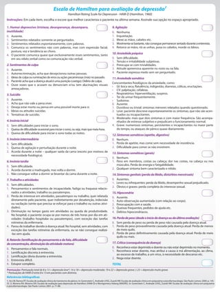 Hamilton Rating Scale for Depression - HAM-D (Hamilton, 1960)
Instruções: Em cada item, escolha o escore que melhor caracteriza o paciente na última semana. Assinale sua opção no espaço apropriado.
Escala de Hamilton para avaliação de depressão2
1. Humor depressivo (tristeza, desesperança, desamparo,
inutilidade)
0. Ausente.
1. Sentimentos relatados somente se perguntados.
2. Sentimentos relatados espontaneamente, com palavras.
3. Comunica os sentimentos não com palavras, mas com expressão facial,
postura, voz e tendência ao choro.
4. O paciente comunica quase que exclusivamente esses sentimentos, tanto
em seu relato verbal como na comunicação não verbal.
2.Sentimentosdeculpa
0. Ausente.
1. Autorrecriminação, acha que decepcionou outras pessoas.
2. Ideiasdeculpaouruminaçõesdeerrosouaçõespecaminosas(más)nopassado.
3. Paciente acha que a doença atual é uma punição (castigo). Delírio de culpa.
4. Ouve vozes que o acusam ou denunciam e/ou tem alucinações visuais
ameaçadoras.
3.Suicídio
0. Ausente.
1. Acha que não vale a pena viver.
2. Deseja estar morto ou pensa em uma possível morte para si.
3. Ideias ou atitudes suicidas.
4. Tentativas de suicídio.
4.Insôniainicial
0. Sem dificuldades para iniciar o sono.
1. Queixadedificuldadeocasionalparainiciarosono,ouseja,maisquemeiahora.
2. Queixa de dificuldade para iniciar o sono todas as noites.
5.Insôniaintermediária
0. Sem dificuldade.
1. Queixa de agitação e perturbação durante a noite.
2. Acorda durante a noite – qualquer saída da cama (exceto por motivos de
necessidade fisiológica).
6.Insôniatardia
0. Sem dificuldade.
1. Acorda durante a madrugada, mas volta a dormir.
2. Não consegue voltar a dormir se levantar da cama durante a noite.
7.Trabalhoeatividades
0. Sem dificuldades.
1. Pensamentos e sentimentos de incapacidade, fadiga ou fraqueza relacio-
nados a atividades, trabalho ou passatempos.
2. Perda de interesse em atividades, passatempos ou trabalho, quer relatada
diretamente pelo paciente, quer indiretamente por desatenção, indecisão
ou vacilação (sente que precisa se esforçar para o trabalho ou outras ativi-
dades).
3. Diminuição no tempo gasto em atividades ou queda de produtividade.
No hospital, o paciente ocupa-se por menos de três horas por dia em ati-
vidades (trabalho hospitalar ou passatempos), com exceção das tarefas
rotineiras da enfermaria.
4. Parou de trabalhar devido à doença atual. No hospital, sem atividades, com
exceção das tarefas rotineiras da enfermaria, ou se não consegue realizá-
-las sem ajuda.
8.Retardo(lentificaçãodopensamentoedafala,dificuldade
deconcentração,diminuiçãodaatividademotora)
0. Pensamentos e fala normais.
1. Lentificação discreta à entrevista.
2. Lentificação óbvia durante a entrevista.
3. Entrevista difícil.
4. Estupor completo.
9.Agitação
0. Nenhuma.
1. Inquietação.
2. Mexe as mãos, cabelos etc.
3. Movimenta-sebastante,nãoconseguepermanecersentadoduranteaentrevista.
4. Retorce as mãos, rói as unhas, puxa os cabelos, morde os lábios.
10.Ansiedadepsíquica
0. Sem dificuldade.
1. Tensão e irritabilidade subjetivas.
2. Preocupa-se com trivialidades.
3. Atitude apreensiva aparente no rosto ou na fala.
4. Paciente expressa medo sem ser perguntado.
11.Ansiedadesomática
Concomitantes fisiológicos da ansiedade, como:
• GI: boca seca, flatulência, indigestão, diarreias, cólicas, eructações.
• CV: palpitação, cefaleias.
• Respiratórios: hiperventilação, suspiros.
• Ter de urinar frequentemente.
• Sudorese.
0. Ausente.
1. Duvidoso ou trivial: sintomas menores relatados quando questionado.
2. Leve: paciente descreve espontaneamente os sintomas, que não são acen-
tuados ou incapacitantes.
3. Moderado: mais que dois sintomas e com maior frequência. São acompa-
nhados de estresse subjetivo e prejudicam o funcionamento normal.
4. Grave: numerosos sintomas, persistentes e incapacitantes na maior parte
do tempo, ou ataques de pânico quase diariamente.
12.Sintomassomáticos(apetite,digestivo)
0. Nenhum.
1. Perda de apetite, mas come sem necessidade de insistência.
2. Dificuldade para comer se não insistirem.
13.Sintomassomáticos(gerais)
0. Nenhum.
1. Peso em membros, costas ou cabeça; dor nas costas, na cabeça ou nos
músculos. Perda de energia e fatigabilidade.
2. Qualquer sintoma bem caracterizado e nítido.
14.Sintomasgenitais(perdadalibido,distúrbiosmenstruais)
0. Ausentes.
1. Leves ou infrequentes: perda da libido, desempenho sexual prejudicado.
2. Óbvios e graves: perda completa do interesse sexual.
15.Hipocondria
0. Ausente.
1. Auto-observação aumentada (com relação ao corpo).
2. Preocupação com a saúde.
3. Queixas frequentes, pedidos de ajuda etc.
4. Delírios hipocondríacos.
16.Perdadepeso(desdeoiníciodadoençaoudaúltimaavaliação)
0. Sem perda de peso ou perda de peso não causada pela doença atual.
1. Perda de peso provavelmente causada pela doença atual. Perda de menos
de meio quilo.
2. Perda de peso definitivamente causada pela doença atual. Perda de meio
quilo ou mais.
17.Crítica(consequênciadadoença)
0. Reconhece estar deprimido e doente ou não estar deprimido no momento.
1. Reconhece estar doente, mas atribui a causa à má alimentação, ao clima,
ao excesso de trabalho, a um vírus, à necessidade de descanso etc.
2. Nega estar doente.
TOTAL
Pontuação: Pontuação total de 8 a 13 = depressão leve*; 14 a 18 = depressão moderada; 19 a 22 = depressão grave; ≥ 23 = depressão muito grave.
* Pontuações de HAM-D entre 8 e 13 em pacientes com distimia.
Referências bibliográficas
1. Ito LM, Ramos RT. Escalas de avaliação clínica do transtorno do pânico. In: Gorenstein C, Andrade LHSG, Zuardi AW. Escalas de avaliação clínica em psiquiatria e psicofarmacologia. São Paulo: Lemos; 2000. p. 145-
55. 2. Moreno RA, Moreno DH. Escalas de avaliação para depressão de Hamilton (HAM-D) e Montgomery-Asberg (MADRS). In: Gorenstein C, Andrade LHSG, Zuardi AW. Escalas de avaliação clínica em psiquiatria
e psicofarmacologia. São Paulo: Lemos; 2001. p. 71-88.
 