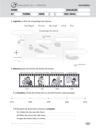 5A Grande Aventura Fichas de Avaliação Estudo do Meio 3.° ano
NOME AVALIAÇÃO
N.º TURMA DATA - - ENC. EDUC.
AVALIAÇÃO DO 1.º PERÍODO DEZEMBRO
1. Legenda as ilhas do arquipélago dos Açores.
São Miguel Terceira São Jorge Corvo Pico
2. Observa parte da história da família da Estrela.
2.1 Completa a linha do tempo com os acontecimentos representados.
2.2 Descobre de quem fala a Estrela e completa.
Os irmãos do meu pai são meus .
.
A sogra da minha mãe é a minha .
Santa Maria
Faial
GraciosaG
FloresFl
Arquipélago dos Açores
0 30 km
1970 1980 1990 2000 2010
2002 2006 20081972
Nascimento da mãe Nascimento da Estrela Nascimento da irmã 1.° dia de escola
 