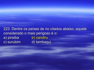 223. Dentre os peixes de rio citados abaixo, aquele223. Dentre os peixes de rio citados abaixo, aquele
considerado o mais perigoso é o:considerado o mais perigoso é o:
a) piraíbaa) piraíba b) candirub) candiru
c) surubimc) surubim d) tambaqui.d) tambaqui.
 