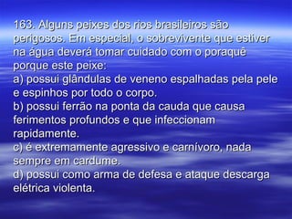 163. Alguns peixes dos rios brasileiros são163. Alguns peixes dos rios brasileiros são
perigosos. Em especial, o sobrevivente que estiverperigosos. Em especial, o sobrevivente que estiver
na água deverá tomar cuidado com o poraquêna água deverá tomar cuidado com o poraquê
porque este peixe:porque este peixe:
a) possui glândulas de veneno espalhadas pela pelea) possui glândulas de veneno espalhadas pela pele
e espinhos por todo o corpo.e espinhos por todo o corpo.
b) possui ferrão na ponta da cauda que causab) possui ferrão na ponta da cauda que causa
ferimentos profundos e que infeccionamferimentos profundos e que infeccionam
rapidamente.rapidamente.
c) é extremamente agressivo e carnívoro, nadac) é extremamente agressivo e carnívoro, nada
sempre em cardume.sempre em cardume.
d) possui como arma de defesa e ataque descargad) possui como arma de defesa e ataque descarga
elétrica violenta.elétrica violenta.
 