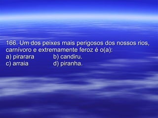 166. Um dos peixes mais perigosos dos nossos rios, carnívoro e extremamente feroz é o(a): a) pirarara b) candiru. c) arraia d) piranha. 