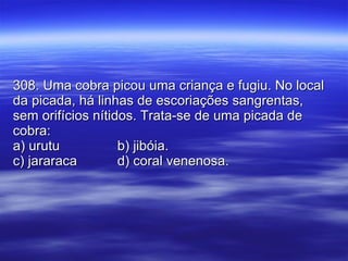 308. Uma cobra picou uma criança e fugiu. No local da picada, há linhas de escoriações sangrentas, sem orifícios nítidos. Trata-se de uma picada de cobra: a) urutu b) jibóia. c) jararaca d) coral venenosa. 