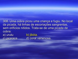 308. Uma cobra picou uma criança e fugiu. No local da picada, há linhas de escoriações sangrentas, sem orifícios nítidos. Trata-se de uma picada de cobra: a) urutu b) jibóia. c) jararaca d) coral venenosa. 
