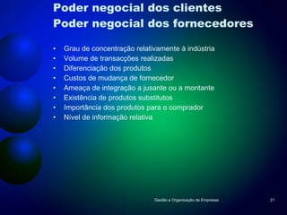 Poder negocial dos clientes Poder negocial dos fornecedores Grau de concentração relativamente à indústria Volume de transacções realizadas Diferenciação dos produtos Custos de mudança de fornecedor Ameaça de integração a jusante ou a montante Existência de produtos substitutos Importância dos produtos para o comprador Nível de informação relativa Gestão e Organização de Empresas 