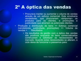 2º A óptica das vendas   Procurava manter ou aumentar o volume de vendas através de um esforço comercial. Este envolveria vendedores, que procurariam «empurrar» os produtos para os clientes, e promoções e publicidade que atrairiam os potenciais clientes. Produção e distribuição de bens => Esforço comercial (vendedores, publicidade, promoções) => Volume de vendas + Resultados Os resultados da gestão com a óptica das vendas são positivos enquanto os bens comercializados continuarem a satisfazer as necessidades do mercado. Quando estas necessidades se alteram, o ciclo deixa de funcionar e passamos para: Gestão e Organização de Empresas 