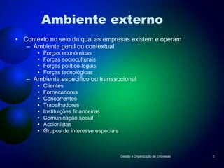 Ambiente externo Contexto no seio da qual as empresas existem e operam Ambiente geral ou contextual Forças económicas Forças socioculturais Forças político-legais Forças tecnológicas Ambiente especifico ou transaccional Clientes Fornecedores Concorrentes Trabalhadores Instituições financeiras Comunicação social Accionistas Grupos de interesse especiais Gestão e Organização de Empresas 