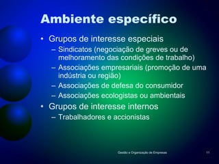 Ambiente específico Grupos de interesse especiais Sindicatos (negociação de greves ou de melhoramento das condições de trabalho) Associações empresariais (promoção de uma indústria ou região) Associações de defesa do consumidor Associações ecologistas ou ambientais Grupos de interesse internos Trabalhadores e accionistas Gestão e Organização de Empresas 