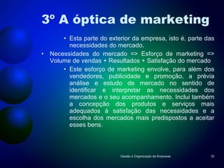 3º A óptica de marketing Esta parte do exterior da empresa, isto é, parte das necessidades do mercado. Necessidades do mercado => Esforço de marketing => Volume de vendas + Resultados + Satisfação do mercado Este esforço de marketing envolve, para além dos vendedores, publicidade e promoção, a prévia análise e estudo de mercado no sentido de identificar e interpretar as necessidades dos mercados e o seu acompanhamento. Inclui também a concepção dos produtos e serviços mais adequados à satisfação das necessidades e a escolha dos mercados mais predispostos a aceitar esses bens. Gestão e Organização de Empresas 