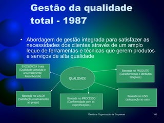Gestão da qualidade total - 1987 Abordagem de gestão integrada para satisfazer as necessidades dos clientes através de um amplo leque de ferramentas e técnicas que gerem produtos e serviços de alta qualidade Gestão e Organização de Empresas QUALIDADE EXCELÊNCIA Inata (Qualidade absoluta e  universalmente  Reconhecida) Baseada no VALOR (Satisfação relativamente ao preço)  Baseada no PROCESSO (Conformidade com as  especificações) Baseada no PRODUTO (Características e atributos tangíveis) Baseada no USO (adequação ao uso) 