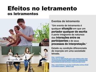 Efeitos no letramento
os letramentos
Eventos de letramento
“Um evento de letramento é
qualquer situação em que um
portador qualquer de escrita
é parte integrante da natureza
das interações entre os
participantes e de seus
processos de interpretação.”
Estado ou condição diferenciada
de inserção em uma sociedade
letrada.
http://cache3.asset-
cache.net/xd/458018129.jpg?v=1&c=IWSAsset&k=2&d
=F13A1F9190F009367B5D6F03B6D3973552A2DE390
82A194DBA49348F49FD4367746931EE4BD76205
http://www.thetimes.co.uk/tto/multimedia/archive/0018
4/t2-children-papers-_184917c.jpg
 