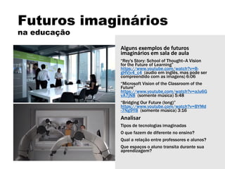 Futuros imaginários
na educação
Alguns exemplos de futuros
imaginários em sala de aula
“Rey's Story: School of Thought--A Vision
for the Future of Learning”
https://www.youtube.com/watch?v=B-
gHVjv4_c4 (audio em inglês, mas pode ser
compreendido com as imagens) 6:06
“Microsoft Vision of the Classroom of the
Future”
https://www.youtube.com/watch?v=aJu6G
vA7jN8 (somente música) 5:48
“Bridging Our Future (long)”
https://www.youtube.com/watch?v=BYMd
-7Ng9Y8 (somente música) 3:16
Analisar
Tipos de tecnologias imaginadas
O que fazem de diferente no ensino?
Qual a relação entre professores e alunos?
Que espaços o aluno transita durante sua
aprendizagem?
 