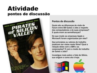 Atividade
pontos de discussão
Pontos de discussão
Quais são as diferenças de visão de
futuro entre Bill Gates e Jobs a respeito
dos computadores e de suas empresas?
E quais eram as semelhanças?
De que modo as empresas Apple e
Microsoft foram organizadas por eles?
Que princípios ou valores de trabalho
puderam ser vistos neste filme? Qual a
relação deles com a IBM e as
corporações? E com o modo de trabalho
de Gates e Jobs?
Investigue mais sobre o Vale do Silício,
sua origem e como ele é hoje.
 