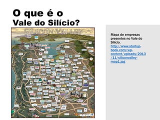 O que é o
Vale do Silício?
Mapa de empresas
presentes no Vale do
Silício.
http://www.startup-
book.com/wp-
content/uploads/2013
/11/siliconvalley-
map1.jpg
 