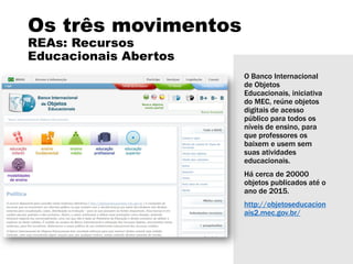 Os três movimentos
REAs: Recursos
Educacionais Abertos
O Banco Internacional
de Objetos
Educacionais, iniciativa
do MEC, reúne objetos
digitais de acesso
público para todos os
níveis de ensino, para
que professores os
baixem e usem sem
suas atividades
educacionais.
Há cerca de 20000
objetos publicados até o
ano de 2015.
http://objetoseducacion
ais2.mec.gov.br/
 
