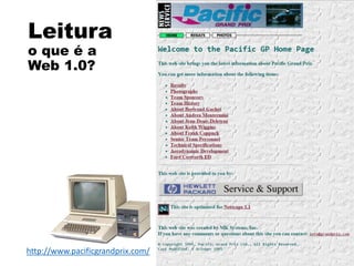 Leitura
o que é a
Web 1.0?
http://www.pacificgrandprix.com/
 