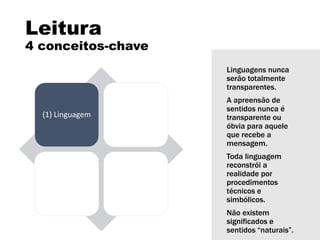 Leitura
4 conceitos-chave
(1) Linguagem (2) Audiências
(3) Instituições
de mídia
(4)
Representação
Linguagens nunca
serão totalmente
transparentes.
A apreensão de
sentidos nunca é
transparente ou
óbvia para aquele
que recebe a
mensagem.
Toda linguagem
reconstrói a
realidade por
procedimentos
técnicos e
simbólicos.
Não existem
significados e
sentidos “naturais”.
 