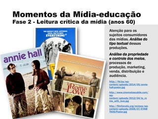 Momentos da Mídia-educação
Fase 2 - Leitura crítica da mídia (anos 60)
Atenção para os
sujeitos consumidores
das mídias. Análise do
tipo textual dessas
produções.
Análise da propriedade
e controle dos meios,
processos de
produção, marketing,
venda, distribuição e
audiência.
http://fbl.ba/wp-
content/uploads/2014/05/annie-
hall-poster.jpg
http://www.cinematascabile.com/
wp-
content/uploads/2012/04/to_ro
me_with_love.jpg
http://filmfanatic.org/reviews/wp-
content/uploads/2006/07/EYAW
TKAS-Poster.jpg
 