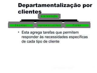 Departamentalização por clientes Esta agrega tarefas que permitem responder às necessidades específicas de cada tipo de cliente Gestão e Organização de Empresas 