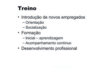 Treino  Introdução de novos empregados Orientação Socialização  Formação Inicial – aprendizagem Acompanhamento contínuo Desenvolvimento profissional Gestão e Organização de Empresas 