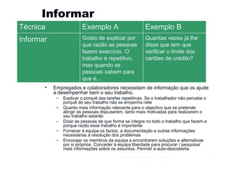 Informar  Empregados e colaboradores necessitam de informação que os ajude a desempenhar bem o seu trabalho. Explicar o porquê das tarefas repetitivas. Se o trabalhador não percebe o porquê do seu trabalho não se empenha nele Quanto mais informação relevante para o objectivo que se pretende atingir as pessoas dispuserem, tanto mais motivadas para realizarem o seu trabalho estarão Dizer às pessoas de que forma se integra no todo o trabalho que fazem e porque razão esse trabalho é importante Fornecer à equipa os factos, a documentação e outras informações necessárias à resolução dos problemas Encorajar os membros da equipa a encontrarem soluções e alternativas por si próprios. Conceder à equipa liberdade para procurar / pesquisar mais informações sobre os assuntos. Permitir a auto-descoberta. Gestão e Organização de Empresas Técnica  Exemplo A Exemplo B Informar  Gosto de explicar por que razão as pessoas fazem exercício. O trabalho é repetitivo, mas quando as pessoas sabem para que é… Quantas vezes já lhe disse que tem que verificar o limite dos cartões de crédito? 