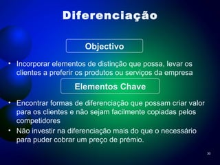 Diferenciação Incorporar elementos de distinção que possa, levar os clientes a preferir os produtos ou serviços da empresa Encontrar formas de diferenciação que possam criar valor para os clientes e não sejam facilmente copiadas pelos competidores  Não investir na diferenciação mais do que o necessário para puder cobrar um preço de prémio.  Elementos Chave Objectivo 
