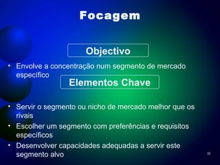 Focagem Envolve a concentração num segmento de mercado específico Servir o segmento ou nicho de mercado melhor que os rivais Escolher um segmento com preferências e requisitos específicos  Desenvolver capacidades adequadas a servir este segmento alvo Objectivo Elementos Chave 
