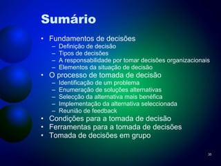 Sumário Fundamentos de decisões Definição de decisão Tipos de decisões A responsabilidade por tomar decisões organizacionais Elementos da situação de decisão O processo de tomada de decisão Identificação de um problema Enumeração de soluções alternativas Selecção da alternativa mais benéfica Implementação da alternativa seleccionada Reunião de feedback Condições para a tomada de decisão Ferramentas para a tomada de decisões Tomada de decisões em grupo 