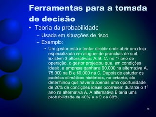 Ferramentas para a tomada de decisão Teoria da probabilidade Usada em situações de risco Exemplo: Um gestor está a tentar decidir onde abrir uma loja especializada em aluguer de pranchas de surf. Existem 3 alternativas: A, B, C. no 1º ano de operação, o gestor projectou que, em condições ideais, a empresa ganharia 90.000 na alternativa A, 75.000 na B e 60.000 na C. Depois de estudar os padrões climáticos históricos, no entanto, ele determinou que haveria apenas uma oportunidade de 20% de condições ideais ocorrerem durante o 1º ano na alternativa A. A alternativa B teria uma probabilidade de 40% e a C de 80%. 