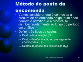 Método do ponto da encomenda Vamos considerar que é conhecida a procura de determinado artigo, num dado período e admitir que a procura se distribui regularmente ao longo do período em análise Definir três tipos de custos Custos de aquisição (C 1 ) Custos de efectiva ç ão ou passagem de encomendas (C 2 ) Custos de posse das existências (C 3 ) Gestão e Organização de Empresas 