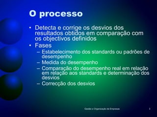 O processo Detecta e corrige os desvios dos resultados obtidos em comparação com os objectivos definidos Fases Estabelecimento dos standards ou padrões de desempenho Medida do desempenho Comparação do desempenho real em relação em relação aos standards e determinação dos desvios Correcção dos desvios Gestão e Organização de Empresas 