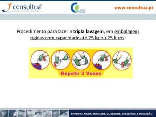 18
Procedimento para fazer a tripla lavagem, em embalagens
rígidas com capacidade até 25 kg ou 25 litros:
 