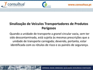 Quando a unidade de transporte a granel circular vazia, sem ter
sido descontaminada, está sujeita às mesmas prescrições que a
unidade de transporte carregada; devendo, portanto, estar
identificada com os rótulos de risco e os painéis de segurança.
53
Sinalização de Veículos Transportadores de Produtos
Perigosos
 
