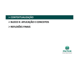 CONTEXTUALIZAÇÃO
BLOCO K: APLICAÇÃO E CONCEITOS
REFLEXÕES FINAIS
 