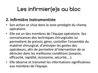 Les infirmier(e)s au bloc
2.	Infirmière	instrumentiste
• Son	action	se	situe	dans	la	zone	protégée	du	champ	
opératoire.
• Elle	est	un	des	membres	de	l'équipe	opératoire.	Ses	
connaissances	des	techniques	chirurgicales	lui	
permettent	de	prévoir,	gérer,	contrôler	l'ensemble	du	
matériel	chirurgical,	d'anticiper	les	gestes	des	
opérateurs,	afin	de	permettre	àl'intervention de	se	
dérouler	dans	les	meilleures	conditions	(asepsie,	
efficacité,	rapidité,	économie,	sécurité,...).	
• Elle	observe	et	transmet	les	informations	significatives	
aux	membres	de	l'équipe.
 