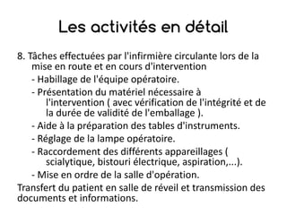 Les activités en détail
8.	Tâches	effectuées	par	l'infirmière	circulante	lors	de	la	
mise	en	route	et	en	cours	d'intervention
- Habillage	de	l'équipe	opératoire.
- Présentation	du	matériel	nécessaire	à	
l'intervention	(	avec	vérification	de	l'intégrité	et	de	
la	durée	de	validité	de	l'emballage	).
- Aide	à	la	préparation	des	tables	d'instruments.
- Réglage	de	la	lampe	opératoire.
- Raccordement	des	différents	appareillages	(	
scialytique,	bistouri	électrique,	aspiration,...).
- Mise	en	ordre	de	la	salle	d'opération.
Transfert	du	patient	en	salle	de	réveil	et	transmission	des	
documents	et	informations.
 