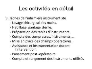 Les activités en détail
9.	Tâches	de	l'infirmière	instrumentiste
- Lavage	chirurgical	des	mains.
- Habillage,	gantage stérile.
- Préparation	des	tables	d'instruments.
- Compte	des	compresses,	instruments,...
- Mise	en	place	des	champs	opératoires.
- Assistance	et	instrumentation	durant	
l'intervention.
- Pansement	post	-opératoire.
- Compte	et	rangement	des	instruments	utilisés
 