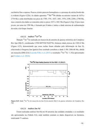 - 91 -
oscilatória fina a espessa. Poucos cristais parecem homogêneos e a presença de núcleo/borda não
é evidente (Figura 4.22h). As idades aparentes 207
Pb/206
Pb obtidas na amostra variam de 1679 a
2738 Ma e estão distribuídas nos picos de 1709, 1781, 1837, 1881, 1978, 2100, 2200 e 2700 Ma,
mas a maioria dos dados se concentra entre os picos 1837 e 1881 Ma (Figura 4.22g). O pico mais
jovem, em torno de 1709 Ma, é formado por 8 dados e indica a idade máxima de sedimentação
da rocha e do Grupo Amolar.
4.4.2.2. Análises 40
Ar/39
Ar
Datação 40
Ar/39
Ar realizada em muscovita de amostra de gnaisse milonítico do Complexo
Rio Apa (SQ-21, coordenadas UTM 0497526/7624776), forneceu idade plateau de 1302±4 Ma
(Figura 4.23), demonstrando que essas rochas foram afetadas pela deformação da fase D2
relacionada à Orogenia San Ignácio.Este resultado corrobora a idade U-Pb 1308±40 Ma, obtida
em monazita (DM-22A) (Lacerda Filho et al.,(2015) e resultados 40
Ar-39
Ar ~1.3Ga apresentados
por Cordani et al. (2010).
Figura 0.23. Idade 40
Ar/39
Ar de muscovita da fase D2 da amostra SQ-21 de gnaisse milonítico do Complexo Rio
Apa.
4.4.2.3. Análises Sm-Nd
Foram realizadas análises Sm-Nd em 44 amostras das unidades estudadas e os resultados
são apresentados na (Tabela 4.6), onde também constam os dados disponíveis na literatura,
totalizando 71 análises.
 