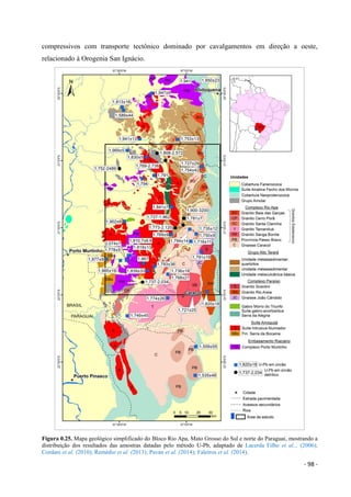 - 98 -
compressivos com transporte tectônico dominado por cavalgamentos em direção a oeste,
relacionado à Orogenia San Ignácio.
Figura 0.25. Mapa geológico simplificado do Bloco Rio Apa, Mato Grosso do Sul e norte do Paraguai, mostrando a
distribuição dos resultados das amostras datadas pelo método U-Pb, adaptado de Lacerda Filho et al.., (2006);
Cordani et al. (2010); Remédio et al. (2013); Pavan et al. (2014); Faleiros et al. (2014).
 