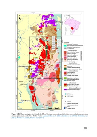 - 101 -
Figura 0.28. Mapa geológico simplificado do Bloco Rio Apa, mostrando a distribuição dos resultados das amostras
datadas pelos métodos K-Ar e Rb-Sr. Fonte: Lacerda Filho et al. (2006); Cordani et al. (2010); Remédio et al.
(2013); Pavan et al. (2014); Faleiros et al. (2014).
 