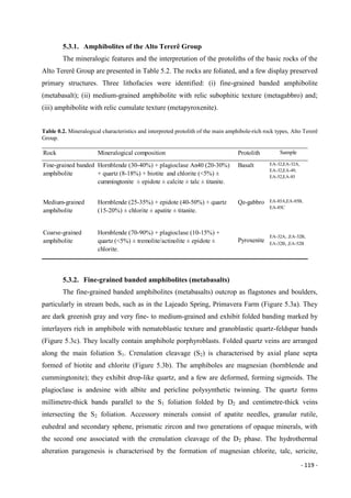- 119 -
5.3.1. Amphibolites of the Alto Tererê Group
The mineralogic features and the interpretation of the protoliths of the basic rocks of the
Alto Tererê Group are presented in Table 5.2. The rocks are foliated, and a few display preserved
primary structures. Three lithofacies were identified: (i) fine-grained banded amphibolite
(metabasalt); (ii) medium-grained amphibolite with relic subophitic texture (metagabbro) and;
(iii) amphibolite with relic cumulate texture (metapyroxenite).
Table 0.2. Mineralogical characteristics and interpreted protolith of the main amphibole-rich rock types, Alto Tererê
Group.
5.3.2. Fine-grained banded amphibolites (metabasalts)
The fine-grained banded amphibolites (metabasalts) outcrop as flagstones and boulders,
particularly in stream beds, such as in the Lajeado Spring, Primavera Farm (Figure 5.3a). They
are dark greenish gray and very fine- to medium-grained and exhibit folded banding marked by
interlayers rich in amphibole with nematoblastic texture and granoblastic quartz-feldspar bands
(Figure 5.3c). They locally contain amphibole porphyroblasts. Folded quartz veins are arranged
along the main foliation S1. Crenulation cleavage (S2) is characterised by axial plane septa
formed of biotite and chlorite (Figure 5.3b). The amphiboles are magnesian (hornblende and
cummingtonite); they exhibit drop-like quartz, and a few are deformed, forming sigmoids. The
plagioclase is andesine with albite and pericline polysynthetic twinning. The quartz forms
millimetre-thick bands parallel to the S1 foliation folded by D2 and centimetre-thick veins
intersecting the S2 foliation. Accessory minerals consist of apatite needles, granular rutile,
euhedral and secondary sphene, prismatic zircon and two generations of opaque minerals, with
the second one associated with the crenulation cleavage of the D2 phase. The hydrothermal
alteration paragenesis is characterised by the formation of magnesian chlorite, talc, sericite,
Rock Mineralogical composition Protolith Sample
Fine-grained banded
amphibolite
Hornblende (30-40%) + plagioclase An40 (20-30%)
+ quartz (8-18%) + biotite and chlorite (<5%) ±
cummingtonite ± epidote ± calcite ± talc ± titanite.
Basalt EA-32,EA-32A,
EA-32,EA-49,
EA-52,EA-85
Medium-grained
amphibolite
Hornblende (25-35%) + epidote (40-50%) + quartz
(15-20%) ± chlorite ± apatite ± titanite.
Qz-gabbro EA-85A,EA-85B,
EA-85C
Coarse-grained
amphibolite
Hornblende (70-90%) + plagioclase (10-15%) +
quartz (<5%) ± tremolite/actinolite ± epidote ±
chlorite.
Pyroxenite
EA-32A1 ,EA-32B,
EA-32B1 ,EA-52B
 